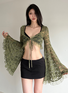 IAEY中古vintage森系绿色系带蕾丝雪纺开衫宽松喇叭袖露脐罩衫潮