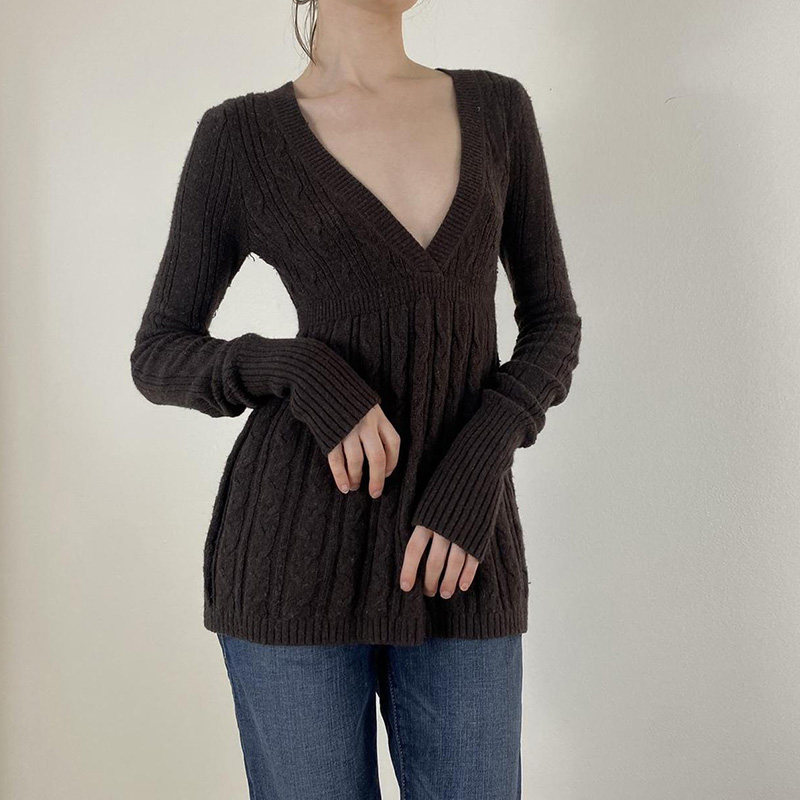IAEY欧美INS复古风棕色麻花纹深V领长袖毛衣秋冬显瘦性感毛织上衣
