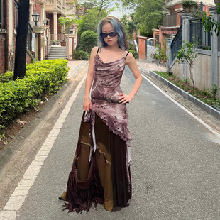 IAEY艺术氛围感 撞色金属吊坠拼接网纱半身裙vintage度假风长裙夏