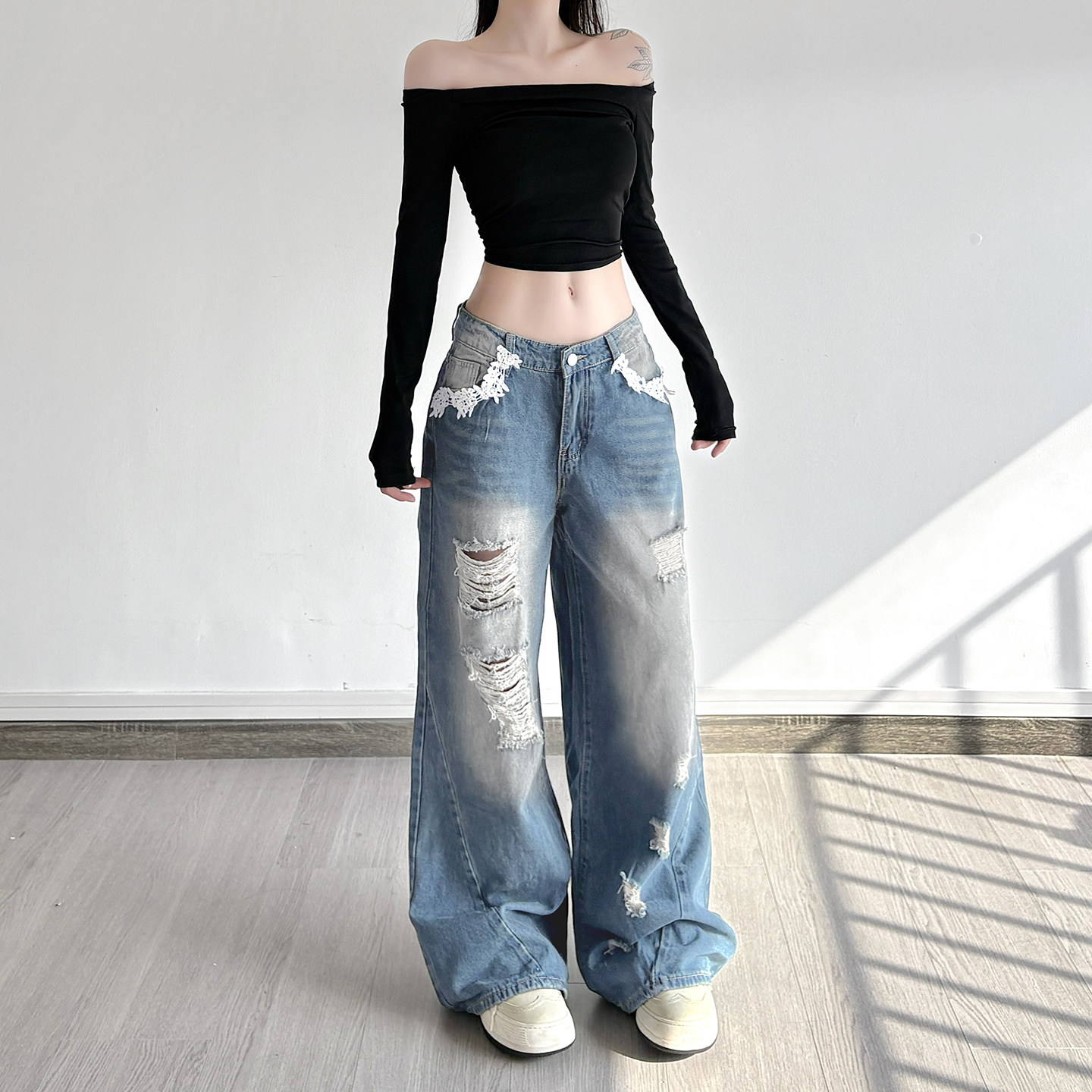 IAEY美式高街辣妹洗水做旧破洞低腰牛仔裤宽松百搭破烂感直筒长裤
