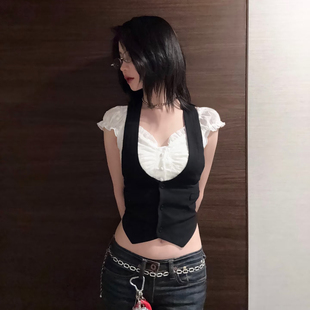 T恤收腰开叉燕尾露脐上衣夏 学院风假二件马甲小飞袖 IAEY asa同款