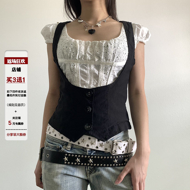 IAEY~ASA同款复古黑色马甲背心排扣收腰显瘦叠穿无袖vintage上衣