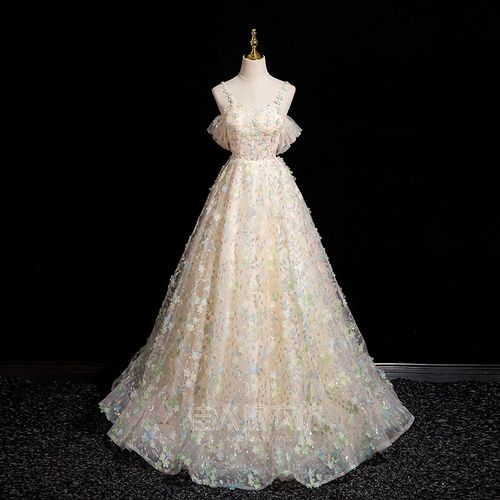 极速一字肩d香槟色晚礼服舞台美声独唱蓬蓬裙声乐演出艺考花仙子