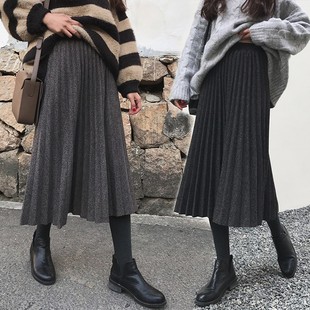 呢 休闲中长款 新品 百褶b裙高腰a字显瘦毛呢半身裙女士秋冬2025新款