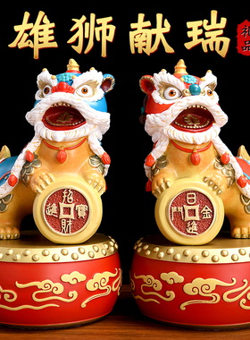 新品彩铜献瑞国潮醒狮狮子摆w件舞狮铜狮礼物办公家居酒柜装饰品