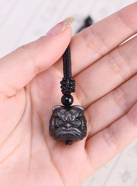极速天然黑耀石醒狮项链雕刻狮子头吊G坠网红同款颈链精品送男友