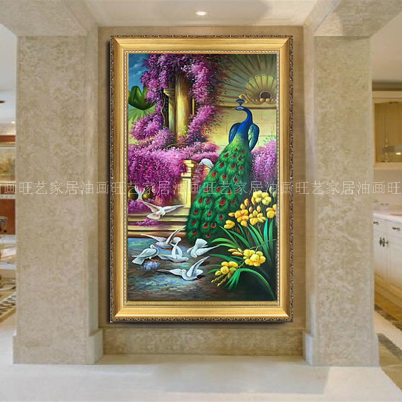 极速手绘孔雀竖版玄关装饰画客厅现代简约立体P画走廊过道竖挂挂图片