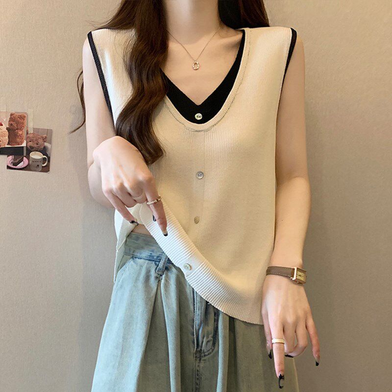 新品胖mm遮肉显瘦v领假两件无袖针织打底L衫女夏季遮肚子减龄背心