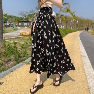 新品 遮跨大摆M气质a字裙高腰垂感雪纺 碎花裙子半身裙女夏2025新款