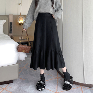 新品 高腰休闲大摆加厚a字 蛋糕针织裙h女半身裙小个子秋冬2025新款