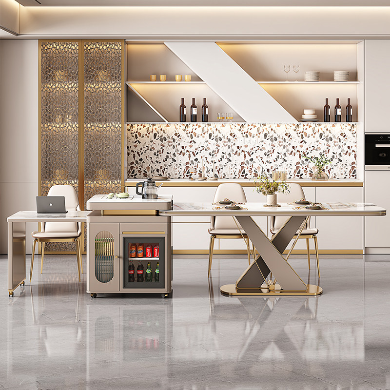 极速意式岩板餐桌现代简约家用开放式厨房多功能T带冰箱岛台餐桌