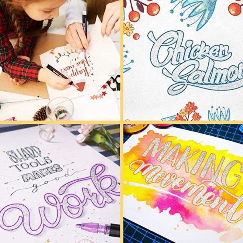 新品8/12pc Double Linqe Outline Metallic Marker Pens Color G