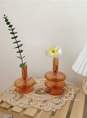 新品ins风棕色玻璃烛台r花瓶 韩风小众客厅干燥花插画器皿 假花桌