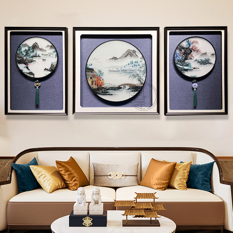 新中式客厅挂画刺绣风景装饰画千C里江山图立体苏绣玻璃手工实木图片