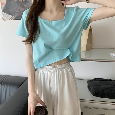 新品方领正肩短袖t恤女夏季宽松薄款纯棉K高腰短款半袖上衣设计感