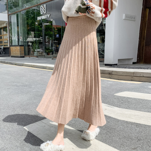 大摆裙针织半 高腰a字裙女秋冬2025新款 新品 加厚百褶毛i线裙中长款