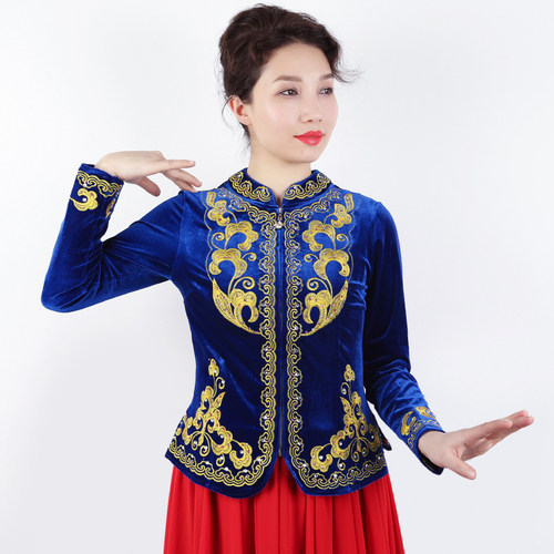 极速新疆舞蹈演出服装金丝绒x黑色女款长袖上衣绣花维吾族民族服