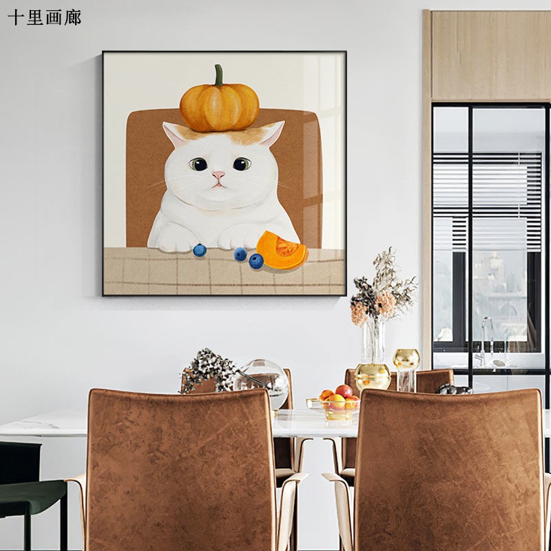 偷喝牛奶b的猫咪北欧餐厅装饰画儿童房间卧室挂画客厅墙面壁画可图片