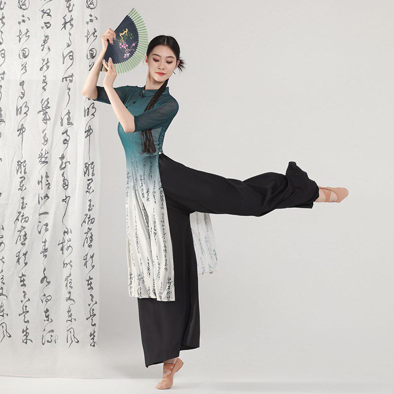 极速古典舞渐变色国风旗袍身韵纱衣汉字印K花阔腿裤裙中国舞舞蹈