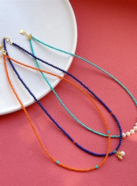 极速天然纯银g青金石项链南红松石锁骨链女款新中式民族风珍珠颈