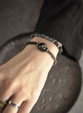 极速非鱼之家黑曜石m黑发晶混搭设计手串女 个性双圈手串男学生手