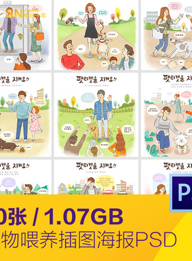 手绘卡通科学喂养宠物狗狗日常生活插图海报psd设计素材110605