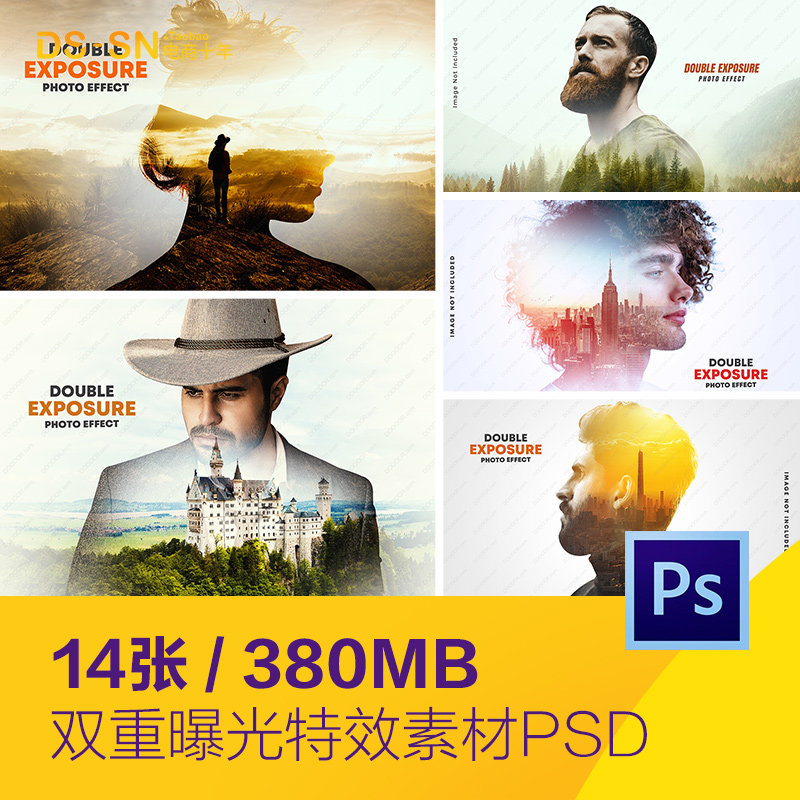创意双重曝光照片特效风景人物合成海报psd分层设计素材#d2251802