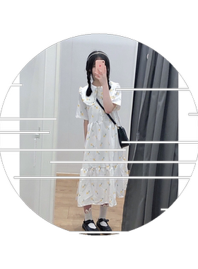 夏季小清新学院风娃娃领蝴蝶结格子拼接收腰少女雪纺连衣裙百搭款