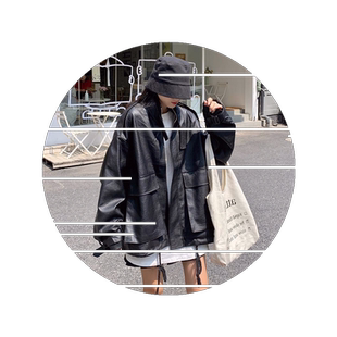 港风潮外套宽松长袖PU皮衣抽绳春秋韩版复古女学生长袖百搭设计感
