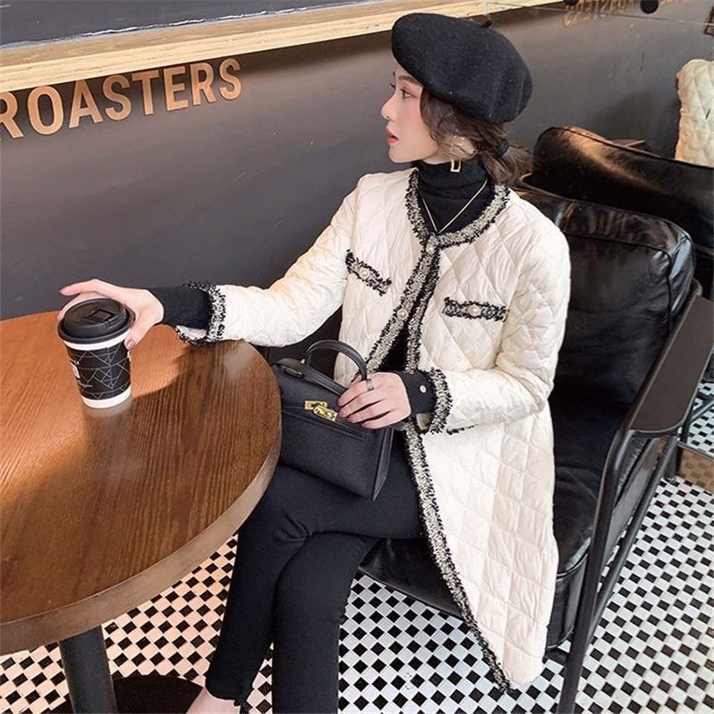 2025秋冬季外套女百搭夹棉显瘦菱形棉服中长款小香风时尚轻薄棉衣 - 封面