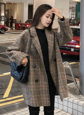 外套女时尚韩版宽松格子毛呢西装