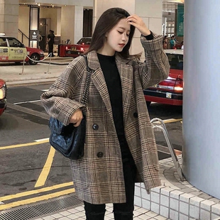 时尚韩版宽松格子毛呢外套女短款小个子西装呢子大衣学生秋冬新款