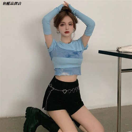 高腰网红设计感超火扎染长袖上衣露脐女秋季小众打底衫短款T恤