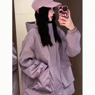 美式 运动休闲夹克春秋 复古户外冲锋衣连帽外套女国潮山系机能工装