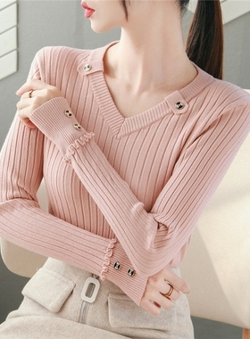 针织衫新款2025女秋冬毛衣短款V领打底衫修身外穿上衣内搭木耳边