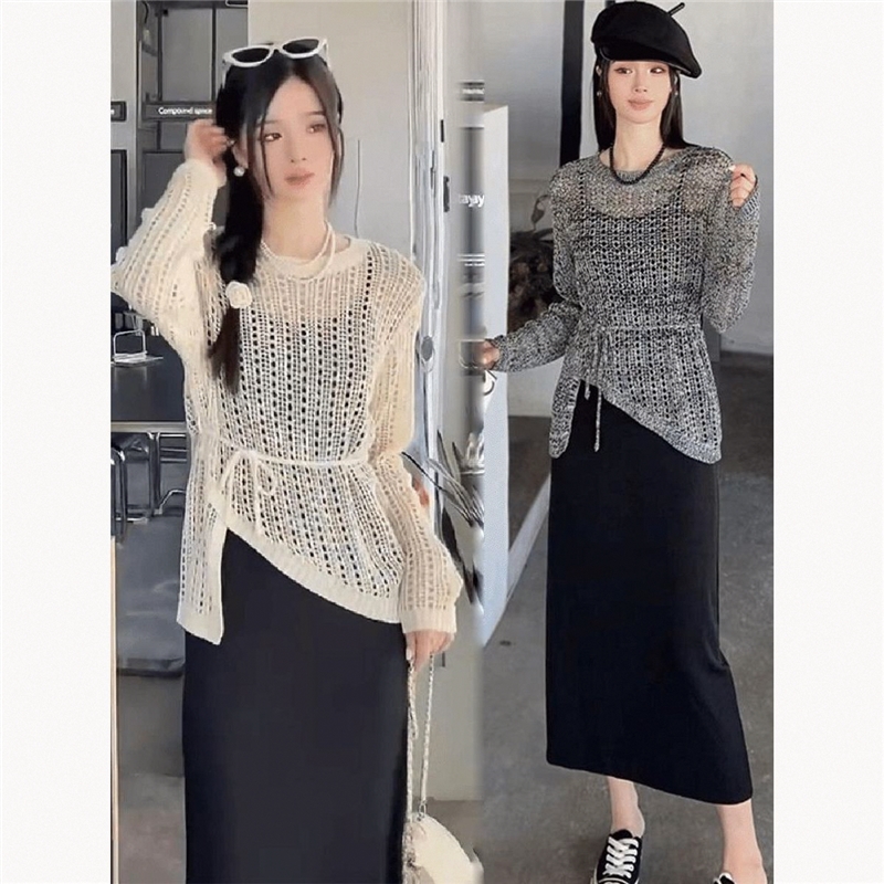 时髦连衣裙套装女春秋新款洋气质收腰镂空针织衫吊带裙两件套2025