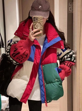 设计感棉衣女冬季新款欧洲站时尚宽松显瘦撞色连帽针织袖字母棉服