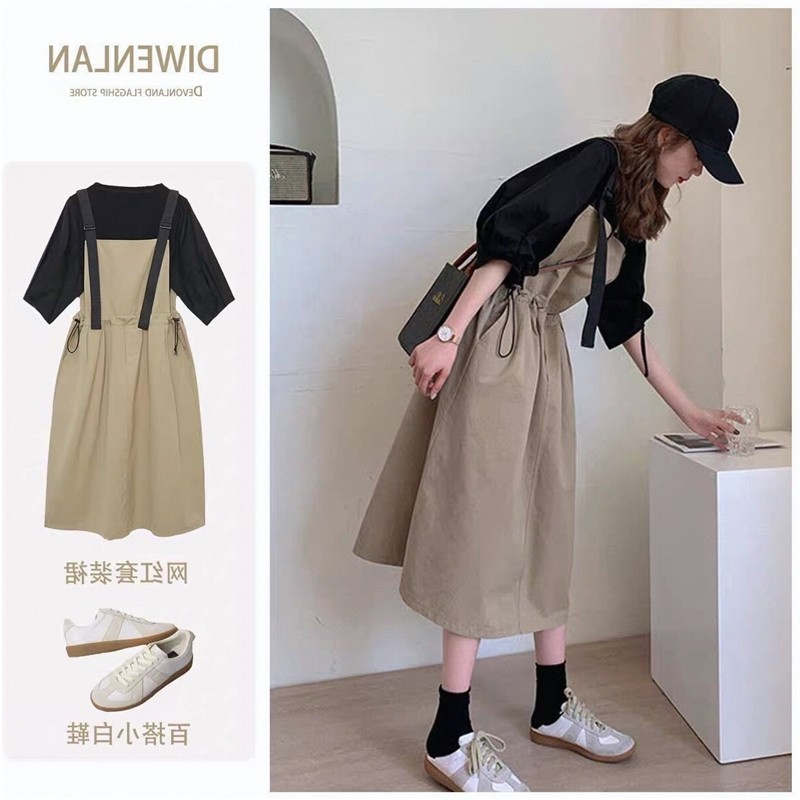 泡泡袖新款夏两件套宽松女2026连衣裙显瘦韩版长款套装收腰背带裙图片