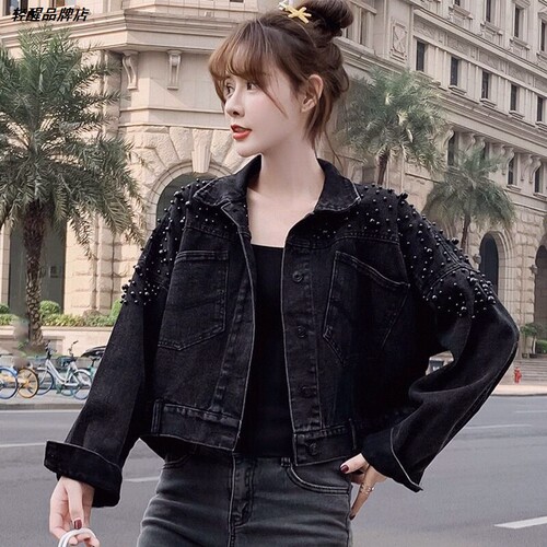 宽松女港味外套上衣春秋2026新款个性夹克印花短款BF牛仔钉珠Chic