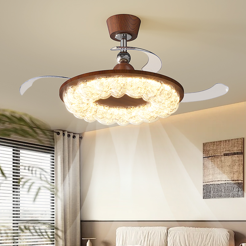 帕莎 现代简约风扇灯客厅卧室吊扇灯胡桃木纹LED灯罩静音