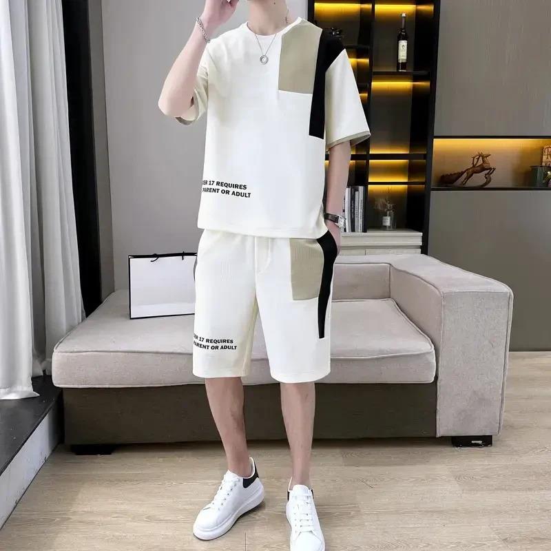 友情岁月服饰2025男士时尚短袖套装拼色薄款透气宽松潮流帅气a47