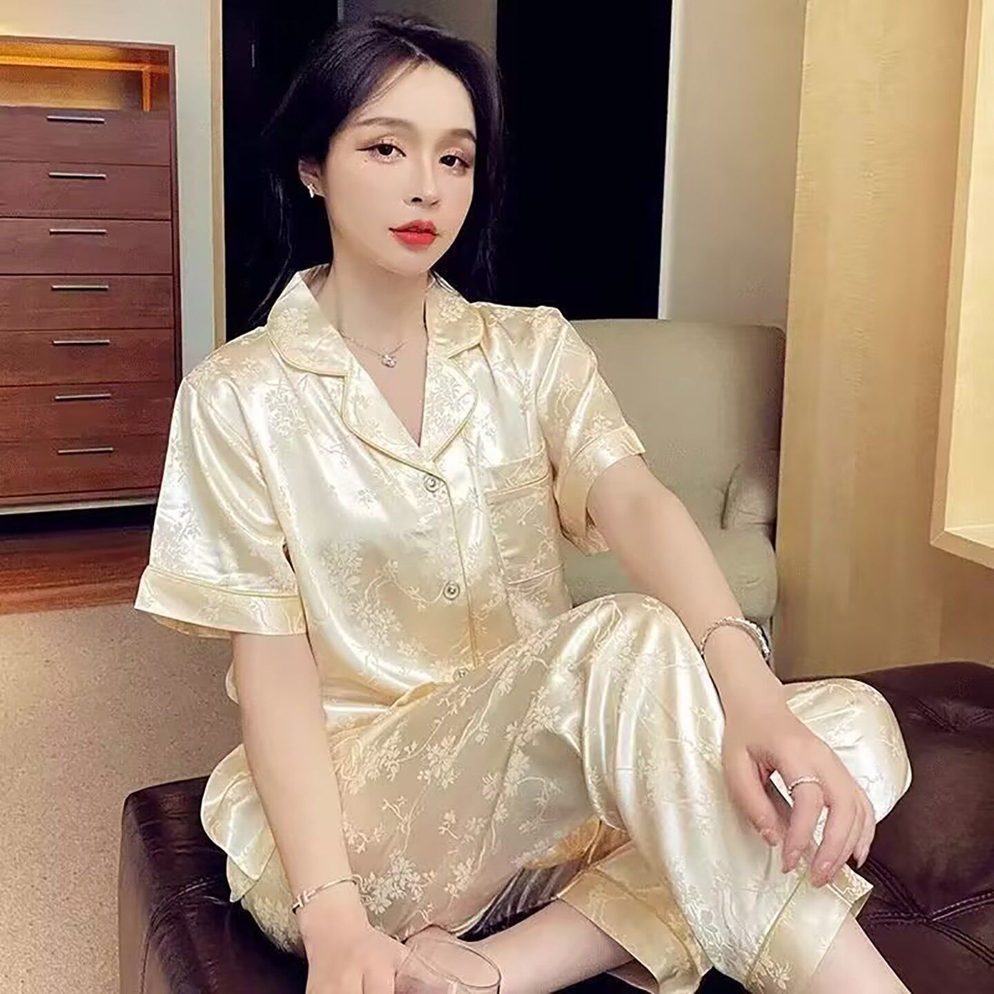 风度翩翩商贸行冰丝睡衣套装2026新款春夏女士款短袖家居服两件a9