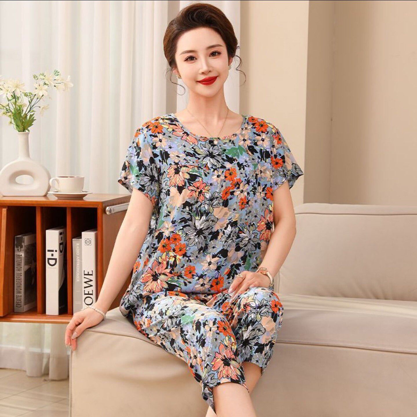 贝格象女装中老年大码印花家居服套装夏季女士妈妈短袖睡衣两件a5