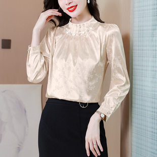 绿1556高档钉珠仿真丝衬衫女长袖2026新款时尚气质立领洋气上衣a9