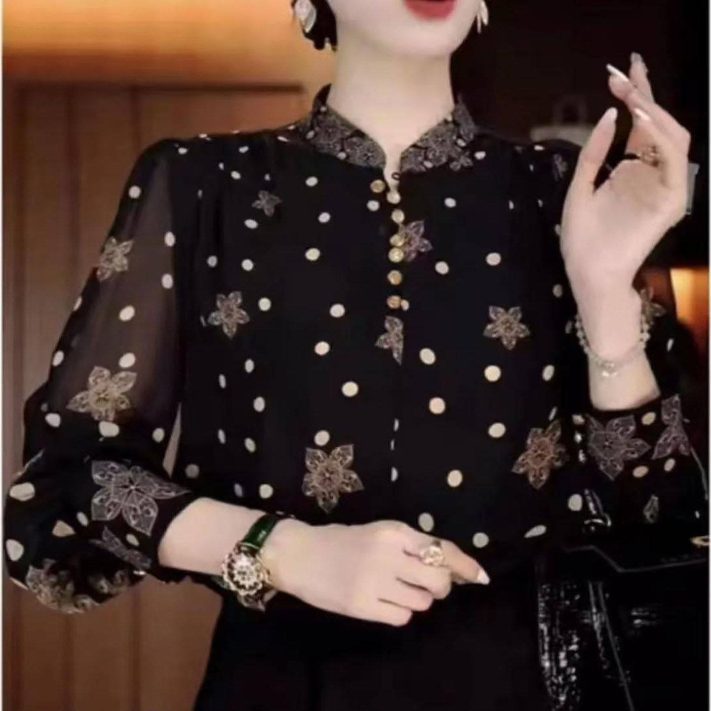 芸菲汇气质女装2026春夏新款长袖女薄款碎花冰丝衬衫减龄洋气衬a7