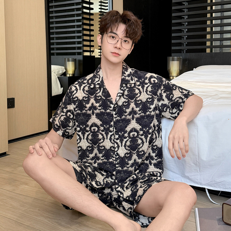 G63精品男装2025冰丝男士睡衣春季薄款短袖抖音直播时尚印花潮a90
