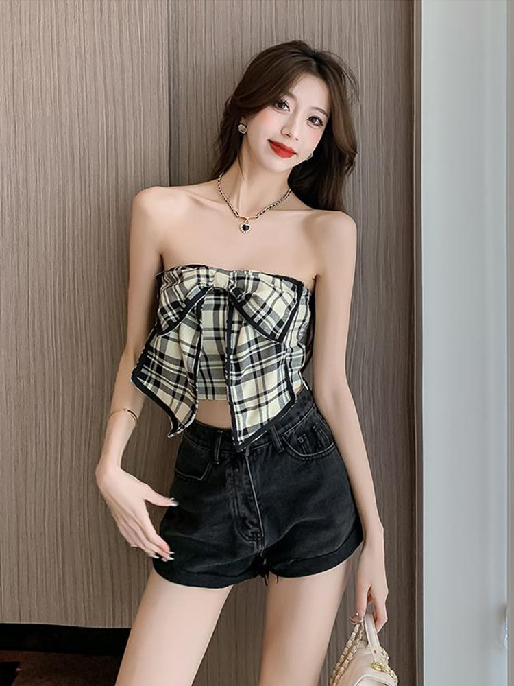 PURE DESIRE SWEET AND SPICY DESIGN SENSE BOW PLAID BANDEAU SUSPENDER WOMENS SUMMER WEAR HIGH-END SENSE FRIED STREET SHORT WRAP