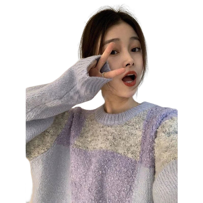 KOREAN VERSION OF THE DESIGN SENSE CONTRAST PLAID LONG-SLEEVED KNITTED SWEATER WOMENS WINTER LOOSE AND THIN FASHIONABLE AND VERSATILE PULLOVER TOP