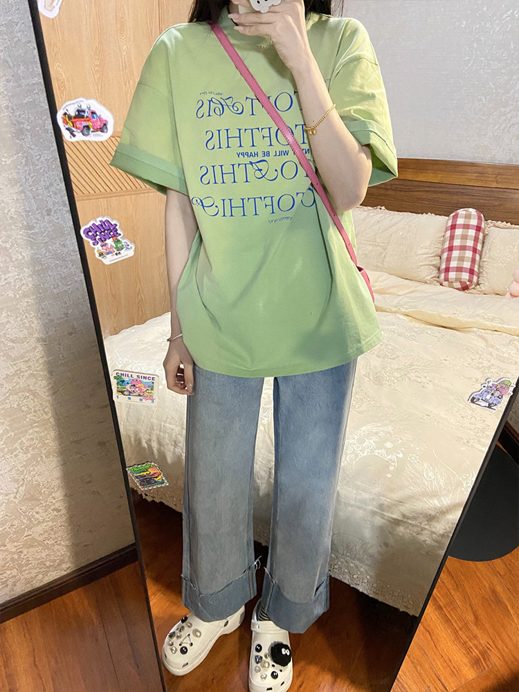 KOREAN VERSION OF SIMPLE CASUAL LETTER PRINT SHORT SLEEVE T-SHIRT WOMENS SUMMER LOOSE AND THIN VERSATILE AGE-REDUCING HIGH STREET TOP INS