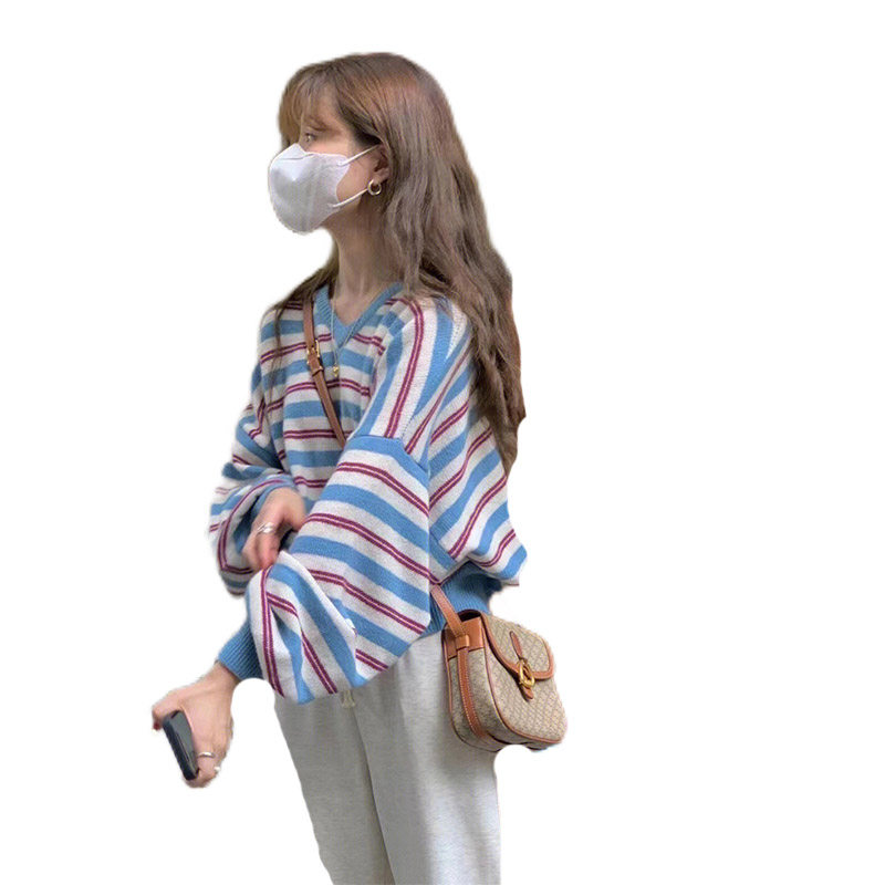 KOREAN VERSION OF SOFT AND WAXY CONTRASTING STRIPED V-NECK LONG-SLEEVED KNITTED SWEATER WOMENS AUTUMN AND WINTER LOOSE THIN LAZY STYLE PULLOVER TOP